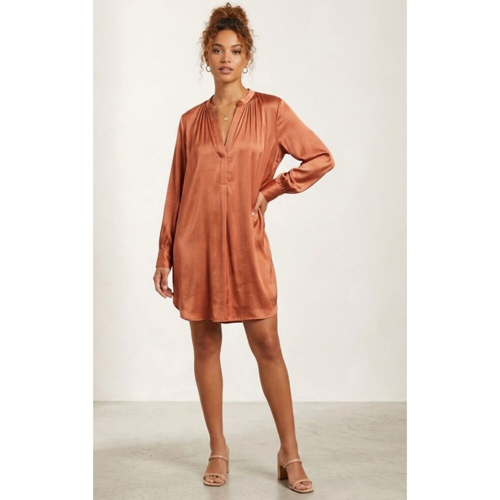Treasure Bond Tunic Shirt Dress M Long Sleeve Blouse Vacation Boho Rust Brown